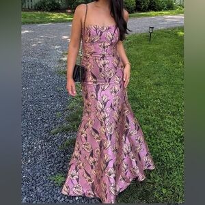 Lulu's Wedding Guest Strapless Floral Maxi Gown Mauve & Gold